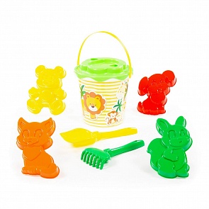 Набор №137: ведро с наклейкой, ситечко Солнышко, лопатка №5, грабельки №5, 4 формочки (Полесье, 2821)